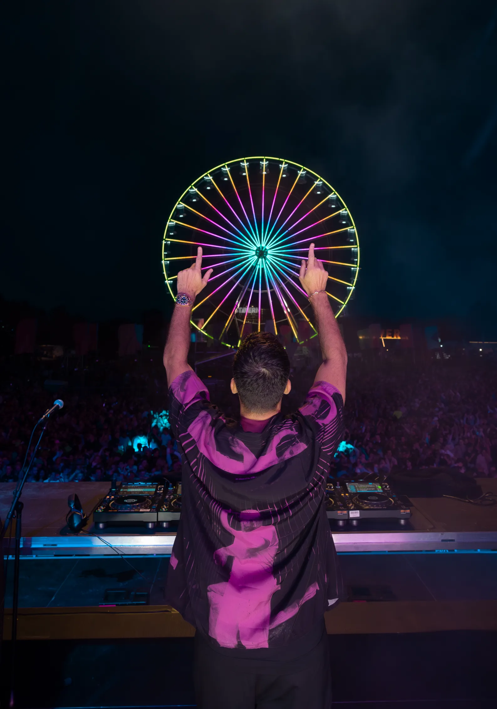 A DJ raises his hands and looks out over the crowd, with a Ferris wheel behind him